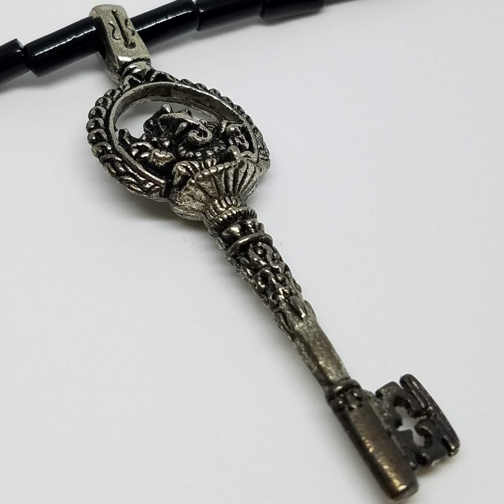 Black and Silver Key Pendant Necklace With Octopus Inlay